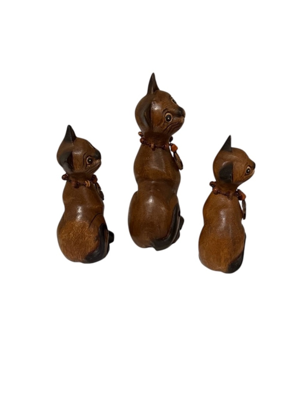 Set of 3 Brown Carved Wood Cat Figurines - Picture 3 of 5